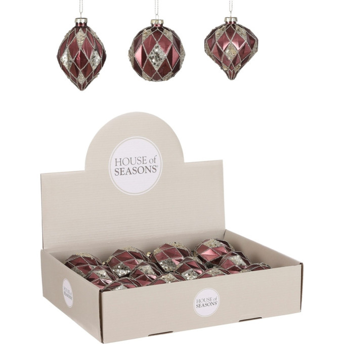 Набор HOUSE OF SEASONS, 12 шт. стеклянных новогодних шаров, диам. 8 см, бордовый, 3 вида 85838